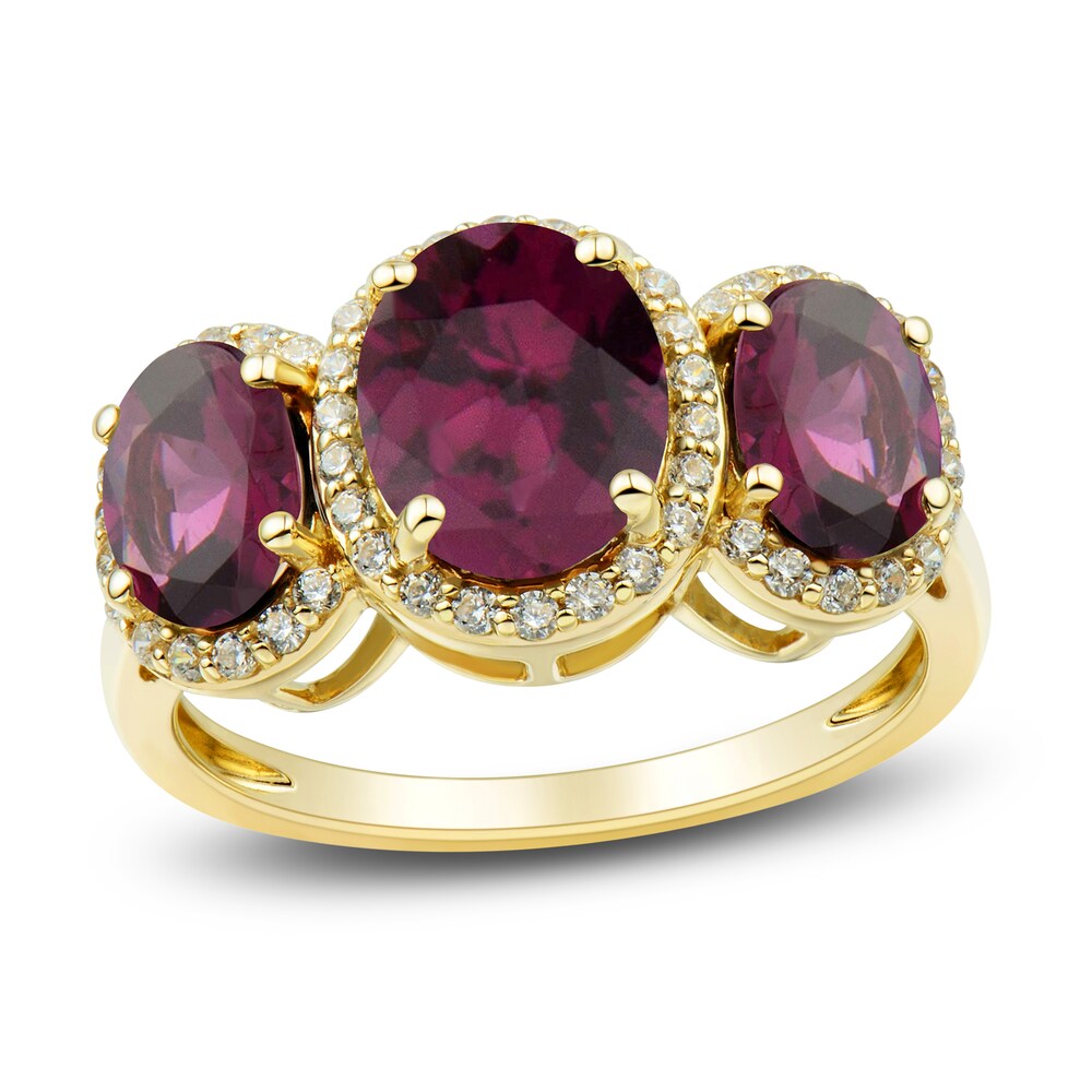 Natural Rhodolite Garnet Three-Stone Ring 1/4 ct tw Round 10K Yellow Gold 2agQmp4E