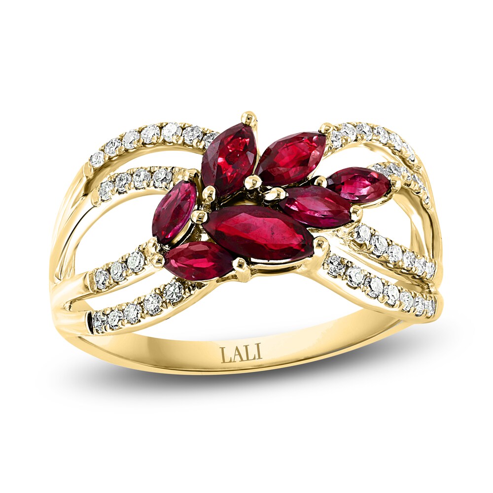 LALI Jewels Natural Ruby Flower Ring 1/5 ct t Diamonds 14K Yellow Gold 6R2kvHgT