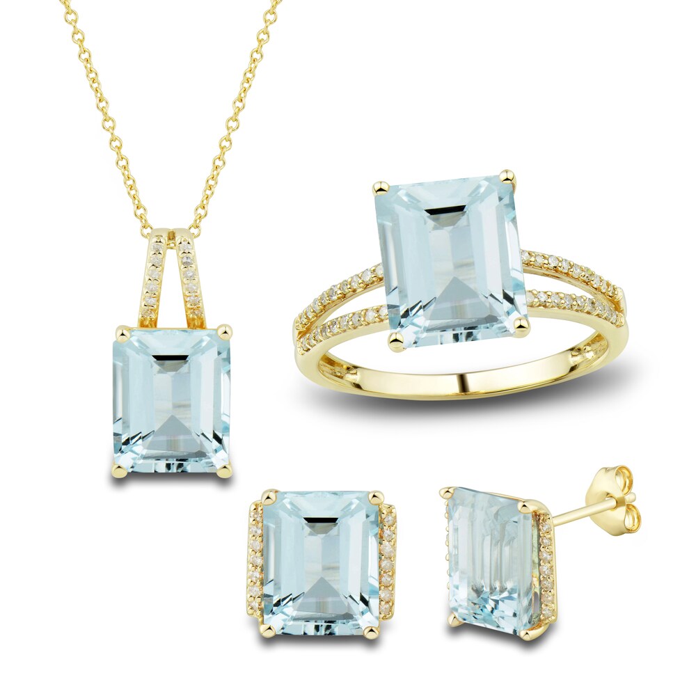 Natural Aquamarine Ring, Earring & Necklace Set 1/5 ct tw Diamonds 10K Yellow Gold 6SDktYAE