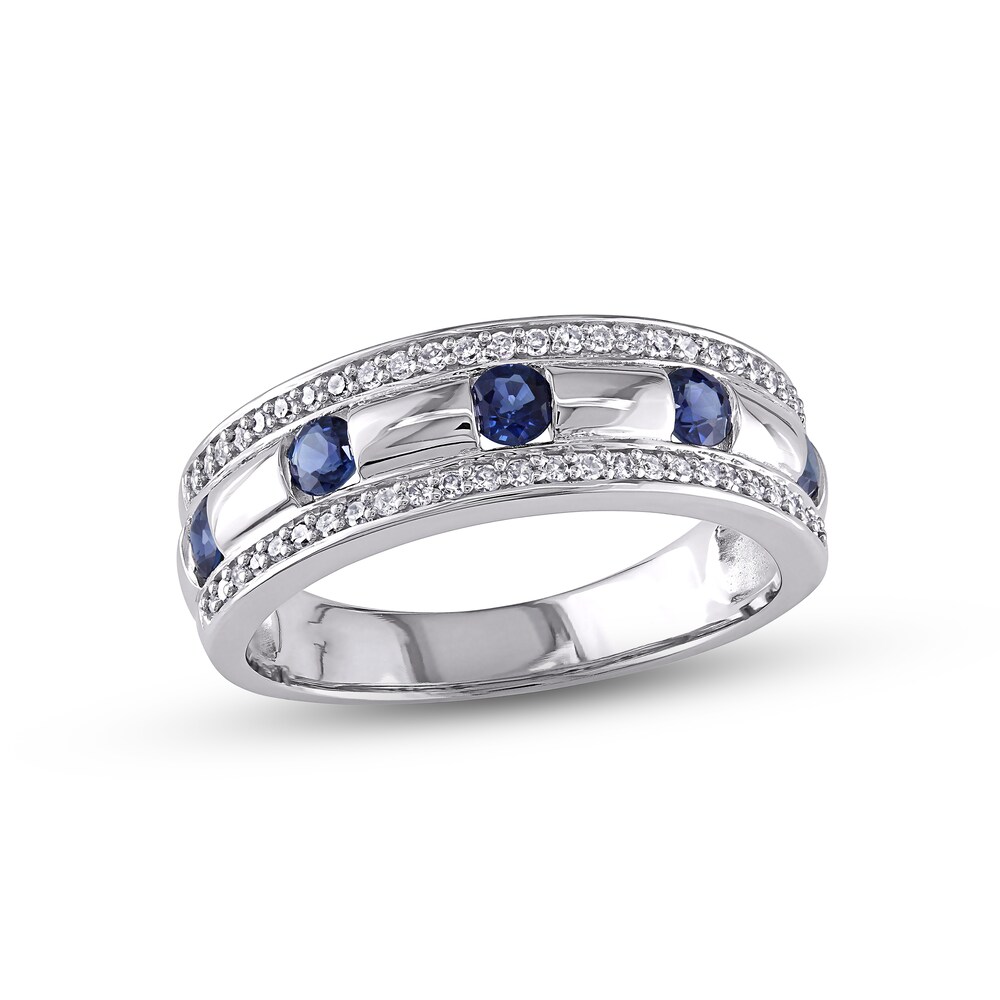 Men's Natural Sapphire Wedding Band 1/4 ct tw Diamonds 10K White Gold 9PbCLCRG