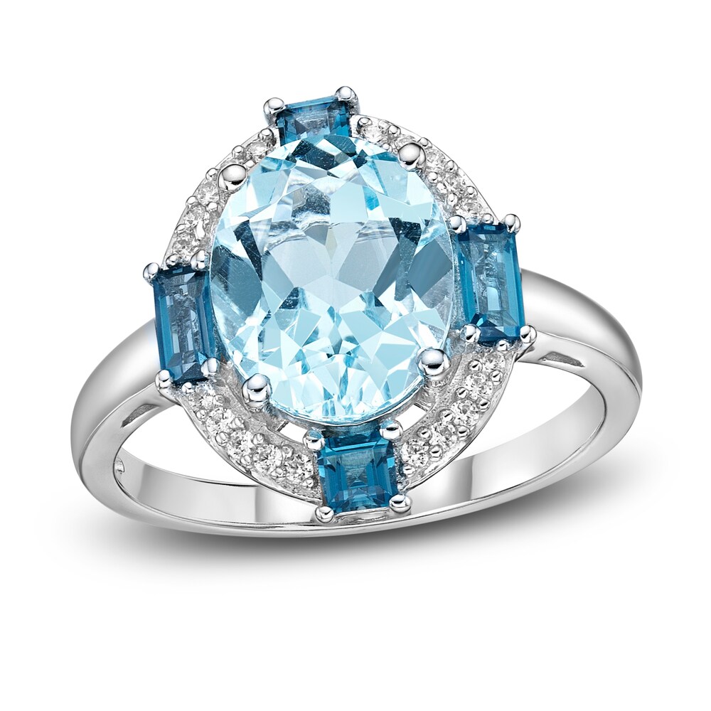 Natural Sky Blue Topaz Ring 1/10 ct tw Diamonds 10K White Gold AccTRfHn