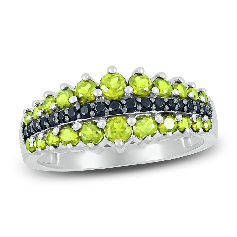 Natural Peridot Ring 1/8 ct tw Black Diamonds 10K White Gold CLGQBHYc