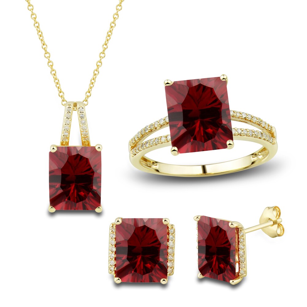Lab-Created Ruby Ring, Earring & Necklace Set 1/5 ct tw Diamonds 10K Yellow Gold CY6h97j6