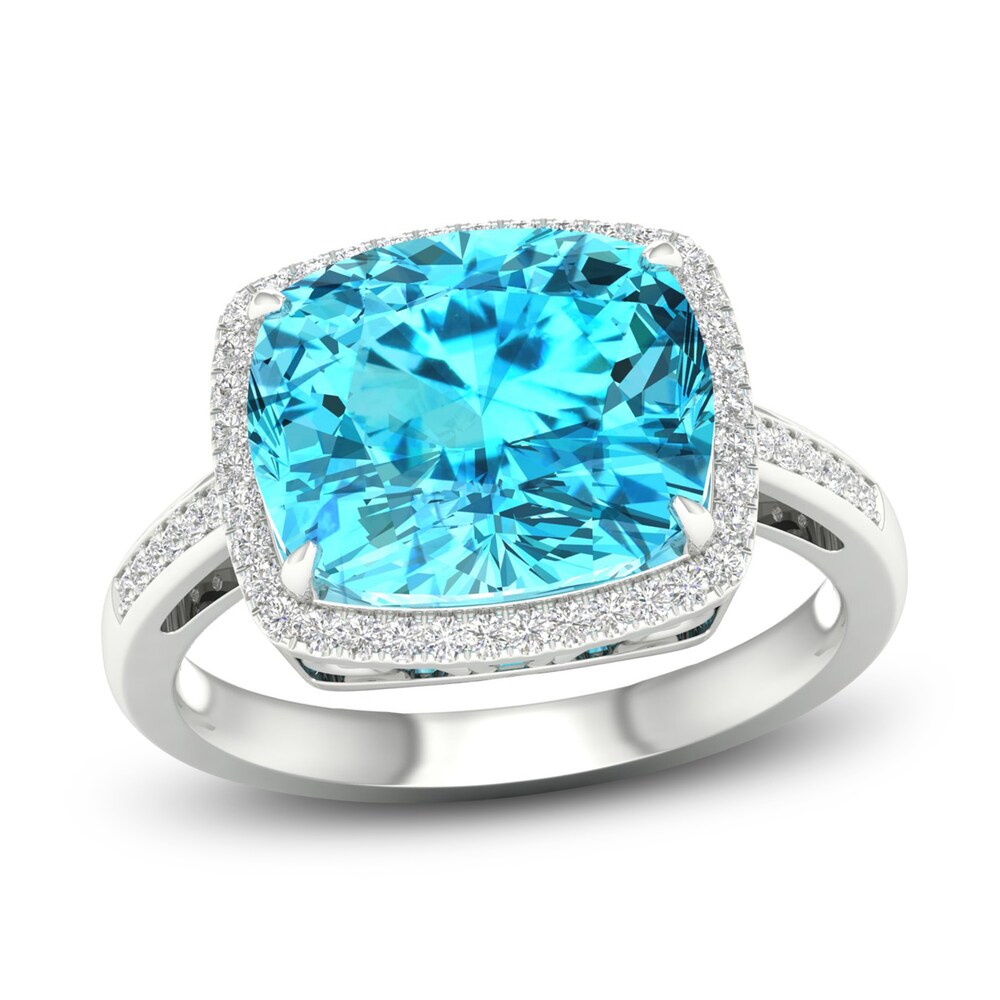 Natural Swiss Blue Topaz Ring 1/6 ct tw Diamonds 10K White Gold FbsjRW08