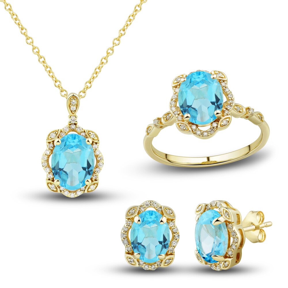 Natural Swiss Blue Topaz Ring, Earring & Necklace Set 1/3 ct tw Diamonds 10K Yellow Gold HIpZdcGD