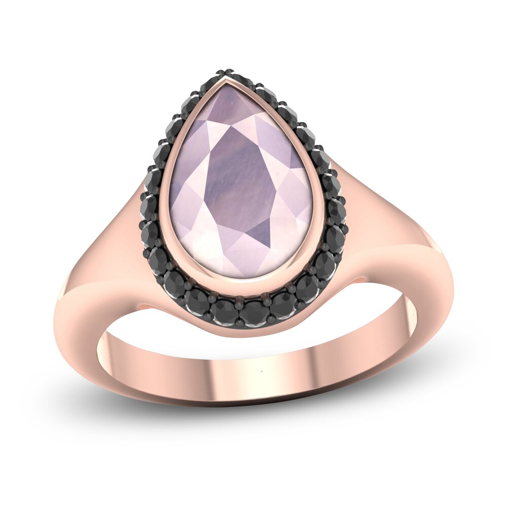 Natural Pink Quartz & Black Diamond Ring 1/4 ct tw Round 10K Rose Gold O9xiBcct