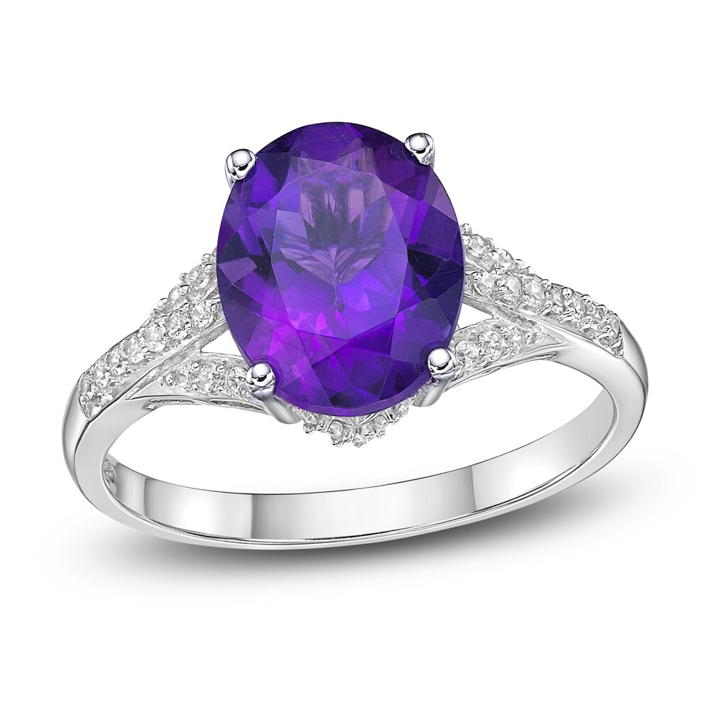 Natural Amethyst Oval Ring 1/6 ct tw Diamonds 10K White Gold OGN9CyTZ