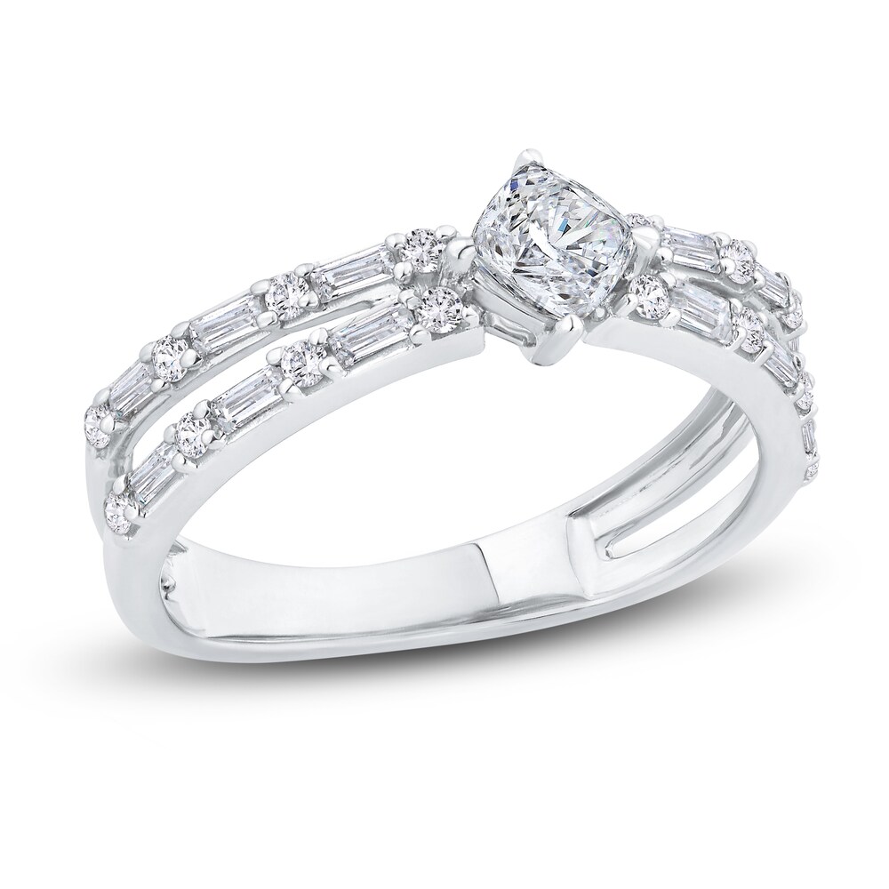 Diamond Engagement Ring 3/4 ct tw Cushion/Round/Baguette 14K White Gold PURMlKXJ