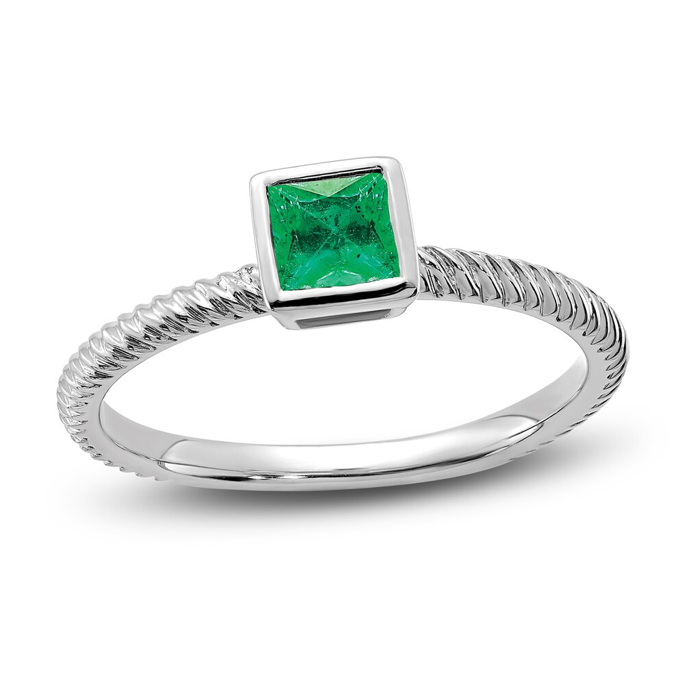 Natural Emerald Bezel Ring 14K White Gold Qf86iiXk