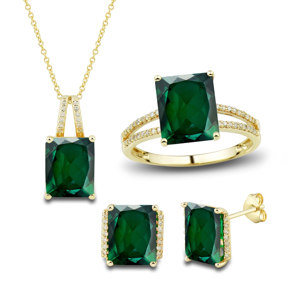 Lab-Created Emerald Ring, Earring & Necklace Set 1/5 ct tw Diamonds 10K Yellow Gold QpIHITNB
