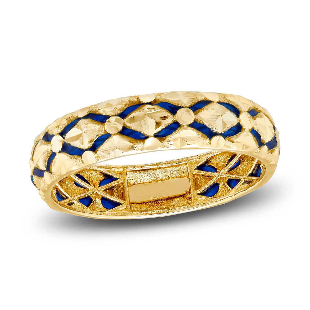 High-Polish Diamond-Cut Ring Blue Enamel 14K Yellow Gold RBkJJ5q6