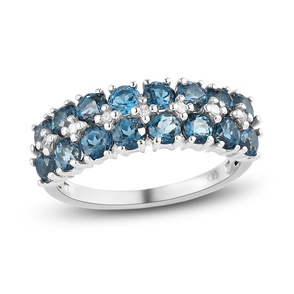 Natural Blue Topaz Anniversary Ring 1/20 ct tw Diamonds 14K White Gold RklGHduO