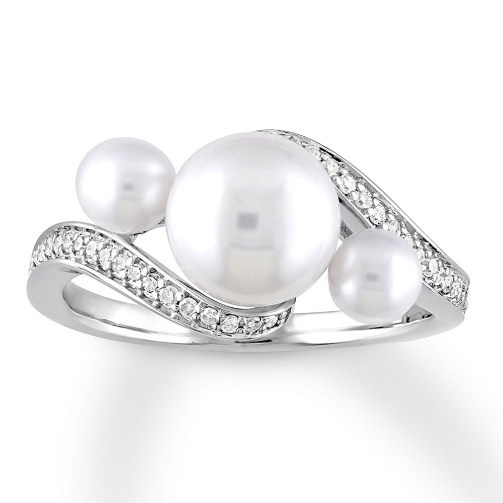 Cultured Pearl Ring 1/6 ct tw Diamonds 10K White Gold S8WT6Xo0