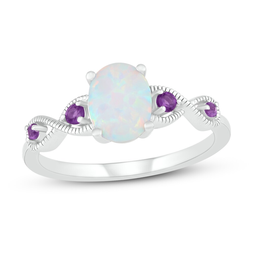Lab-Created Opal & Natural Amethyst Ring Oval/Round Sterling Silver SYgp0uEr