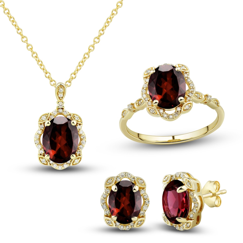 Natural Garnet Ring, Earring & Necklace Set 1/3 ct tw Diamonds 10K Yellow Gold TJBgxeso