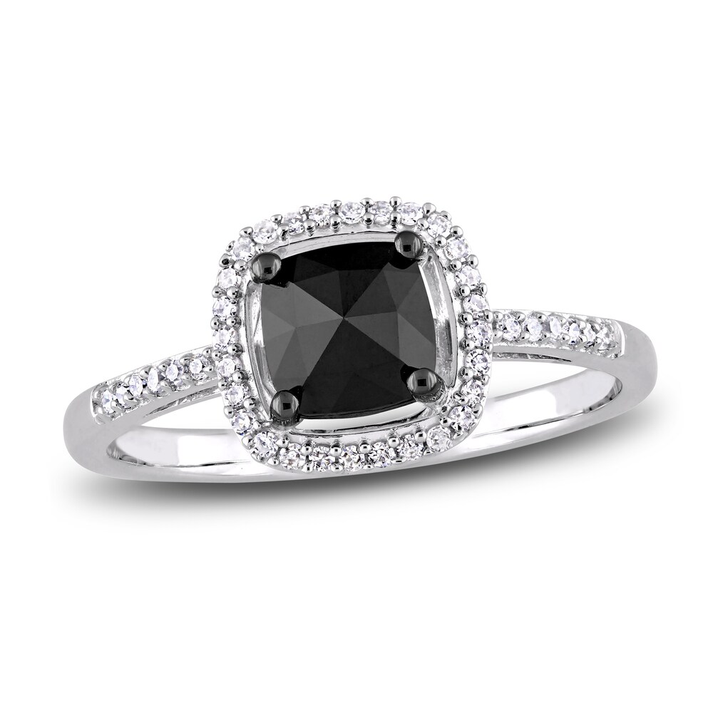 Black & White Diamond Halo Engagement Ring 1 ct tw Cushion/Round 14K White Gold TcroRTw5