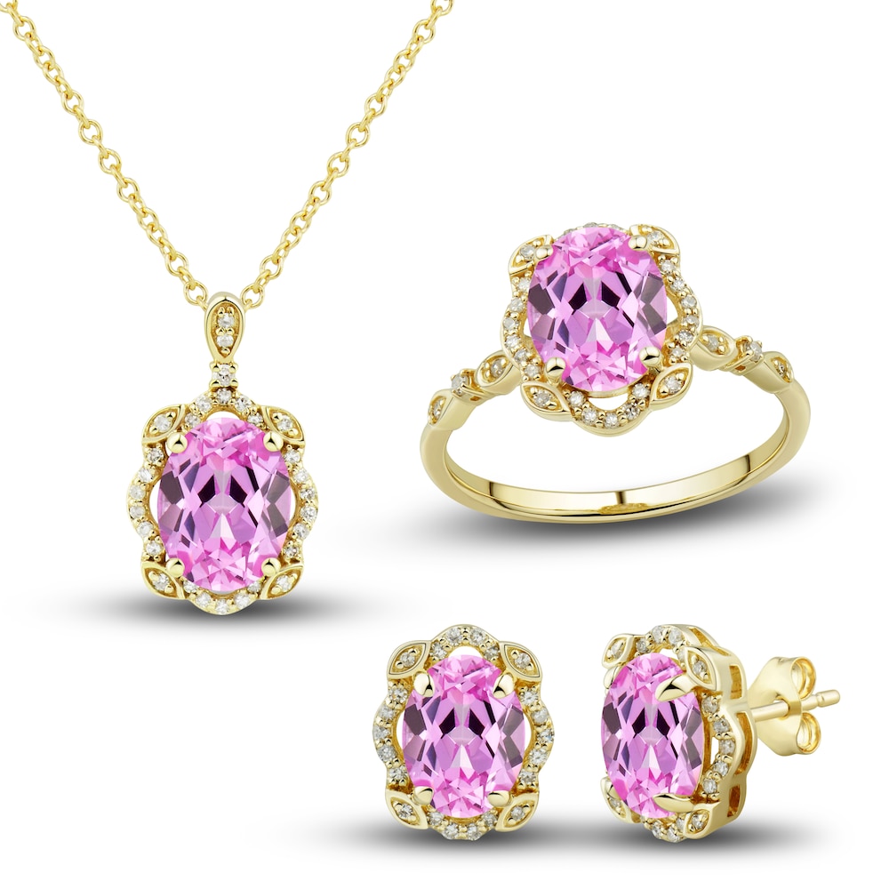 Lab-Created Pink Sapphire Ring, Earring & Necklace Set 1/3 ct tw Diamonds 10K Yellow Gold U6olqTln
