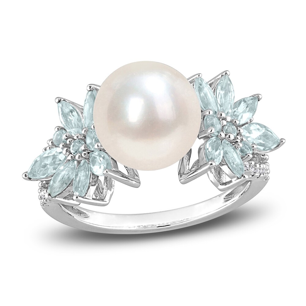 Cultured Freshwater Pearl & Natural Aquamarine Ring 1/8 ct tw Diamonds 14K White Gold UcG58Dio