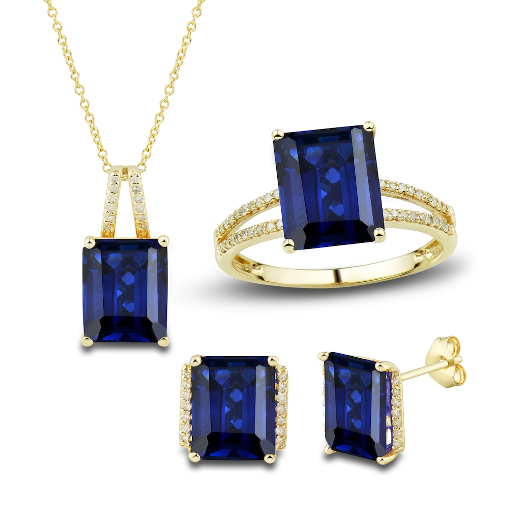 Lab-Created Blue Sapphire Ring, Earring & Necklace Set 1/5 ct tw Diamonds 10K Yellow Gold UmhHGpjd