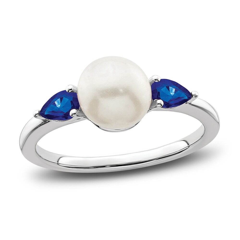 Cultured Freshwater Pearl & Natural Blue Sapphire Ring 14K White Gold W0rtODA9