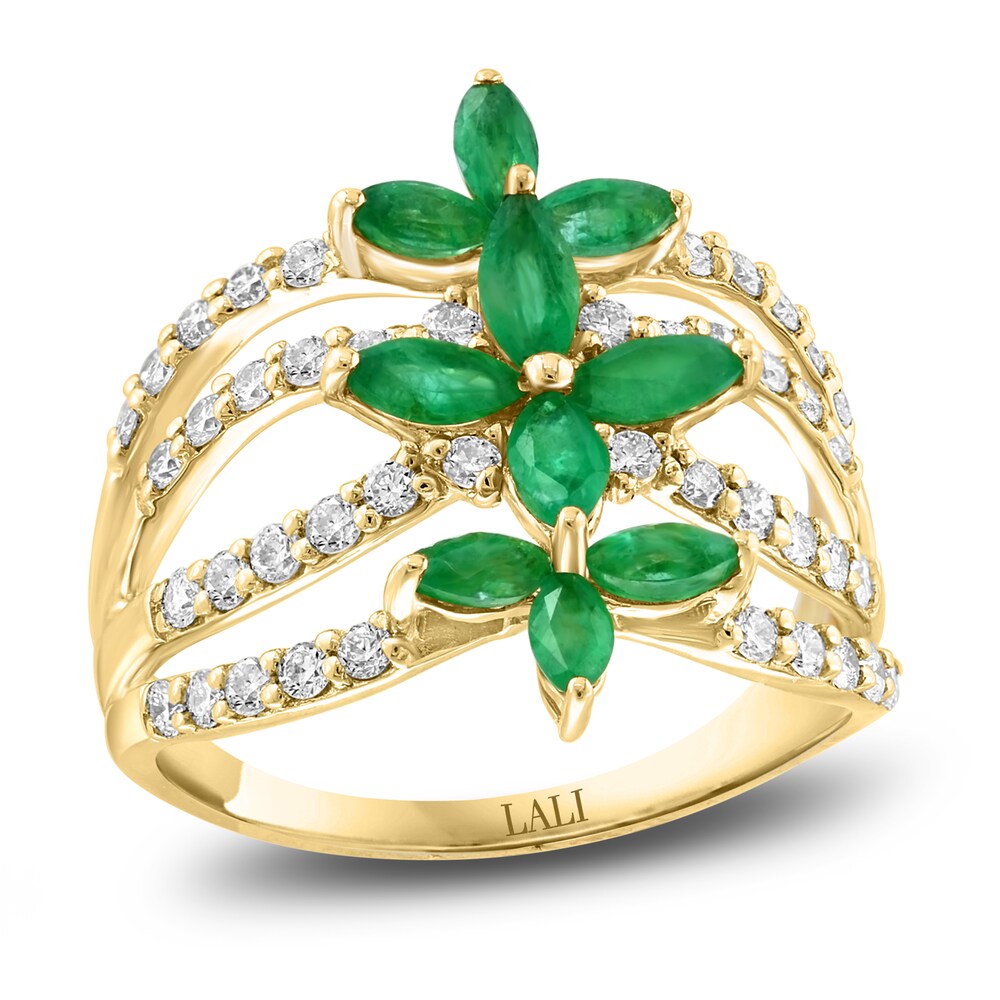 LALI Jewels Natural Emerald Flower Ring 5/8 ct tw Round Diamonds 14K Yellow Gold WXVKqwdl
