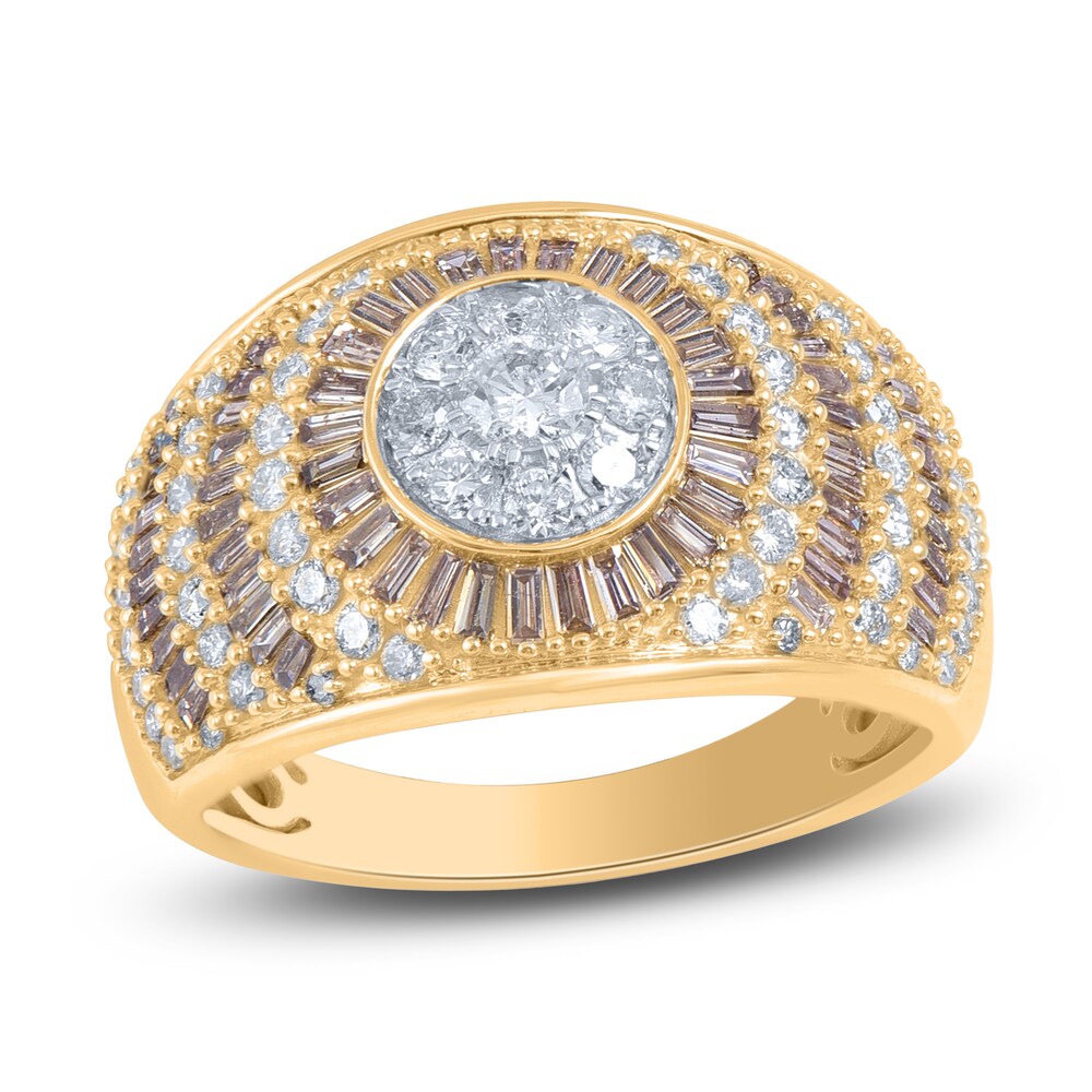 Brown & White Diamond Halo Ring 1-1/2 ct tw Round/Baguette 14K Yellow Gold XererGUR
