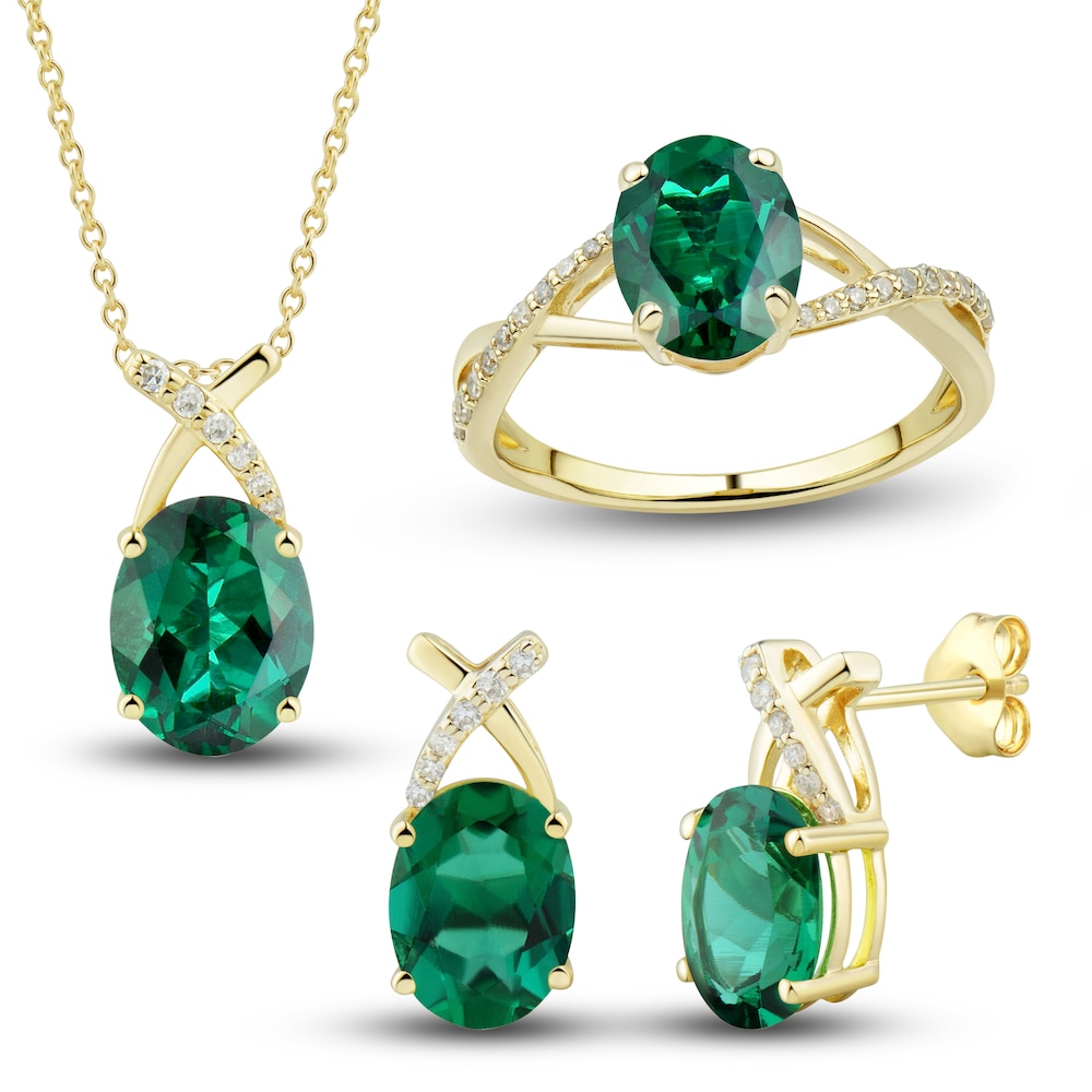 Lab-Created Emerald Ring, Earring & Necklace Set 1/5 ct tw Diamonds 10K Yellow Gold YzWCFys0