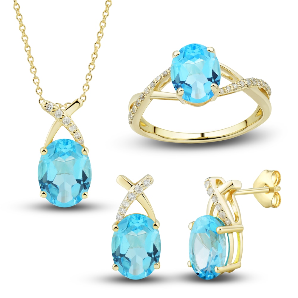 Natural Swiss Blue Topaz Ring, Earring & Necklace Set 1/5 ct tw Diamonds 10K Yellow Gold Z9SF0q8L