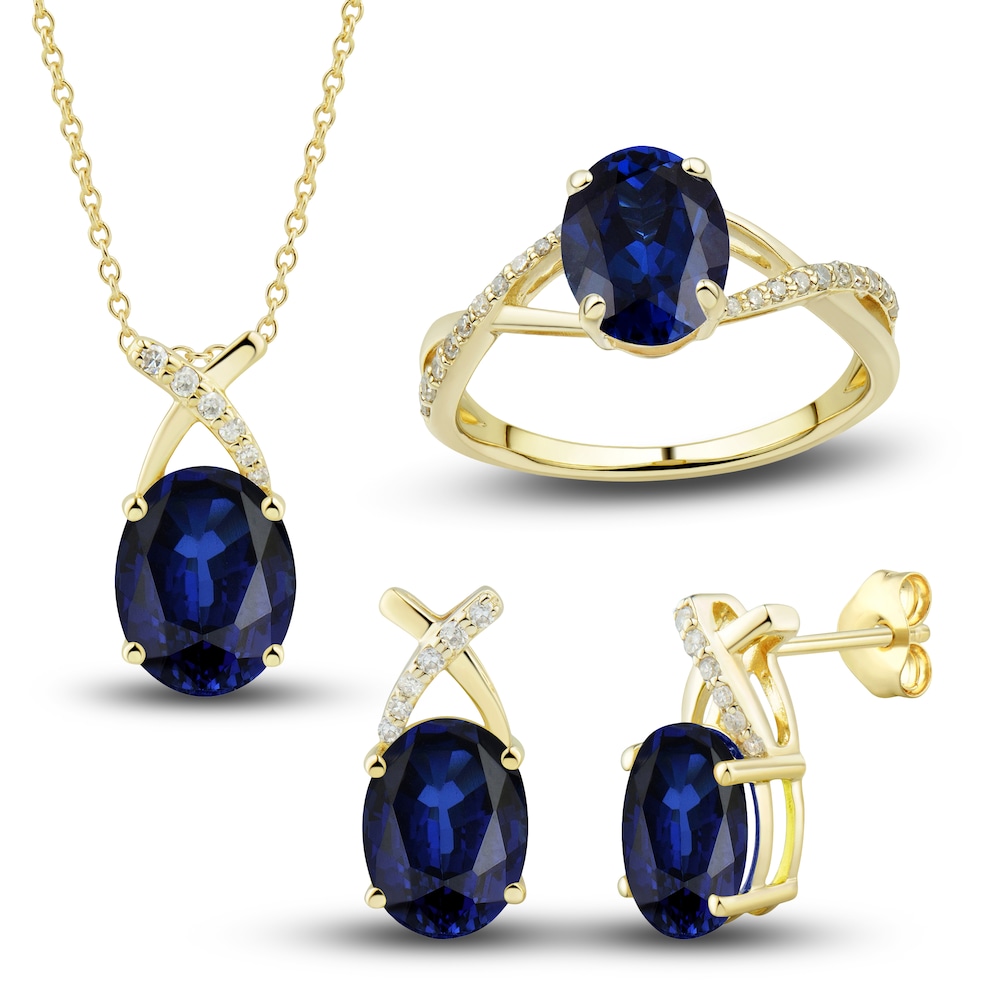 Lab-Created Blue Sapphire Ring, Earring & Necklace Set 1/5 ct tw Diamonds 10K Yellow Gold ZddlqmRV