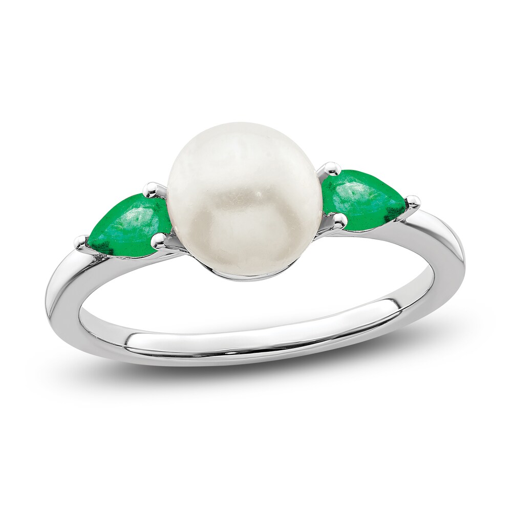 Cultured Freshwater Pearl & Natural Emerald Ring 14K White Gold axMFahup