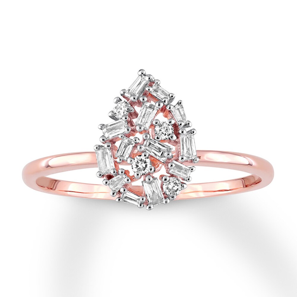 Diamond Ring 1/5 carat Round/Baguette 14K Rose Gold bTZ1VYqG