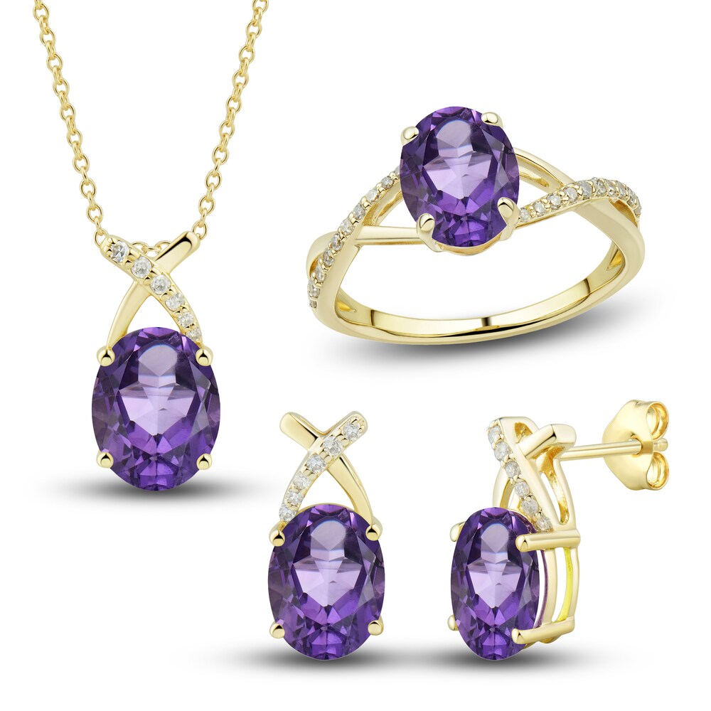 Natural Amethyst Ring, Earring & Necklace Set 1/5 ct tw Diamonds 10K Yellow Gold cRShG8T7