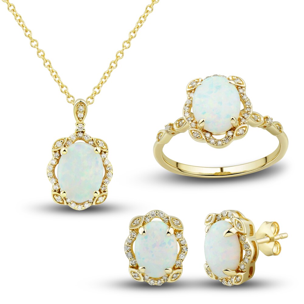 Lab-Created Opal Ring, Earring & Necklace Set 1/3 ct tw Diamonds 10K Yellow Gold dMQJRvWi