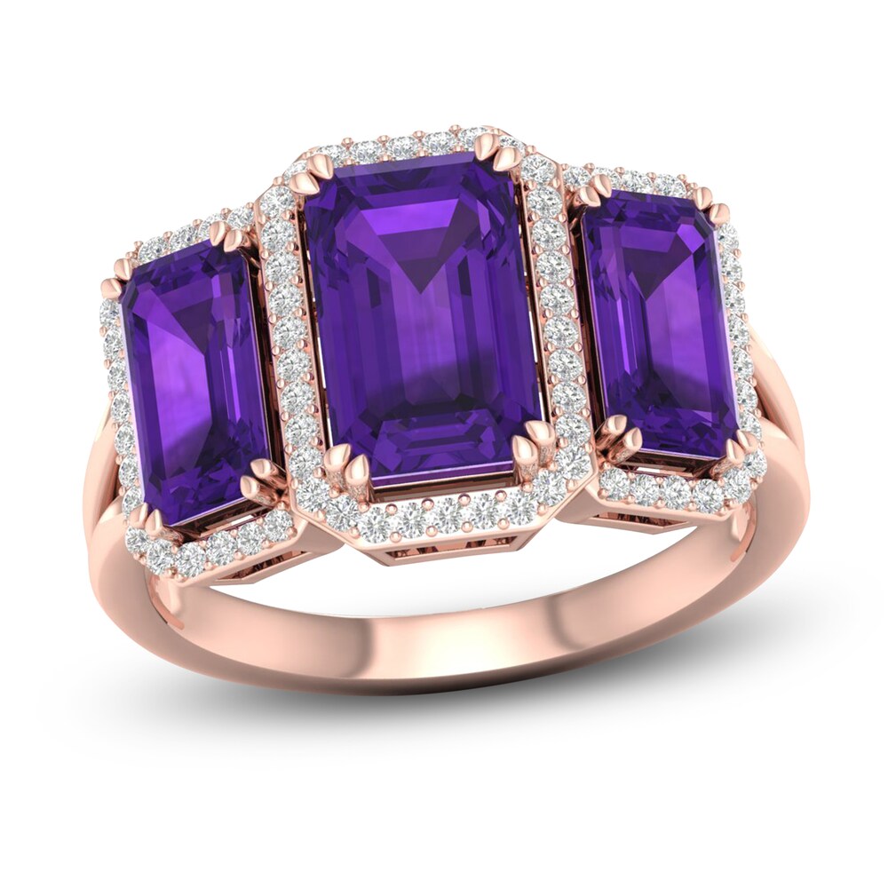 Natural Amethyst 3-Stone Ring 1/5 ct tw Diamonds 10K Rose Gold dVb0eyCP