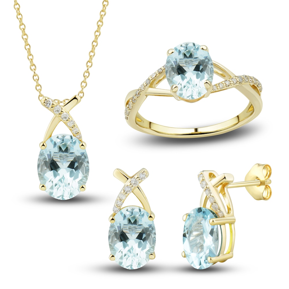 Natural Aquamarine Ring, Earring & Necklace Set 1/5 ct tw Diamonds 10K Yellow Gold dkZnRklY