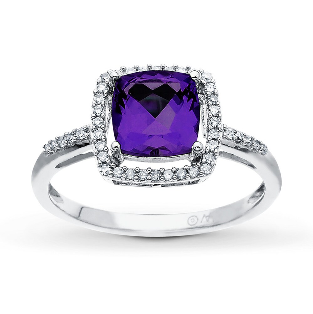 Amethyst Ring Cushion-Cut with 1/8 ct tw Diamonds 10K White Gold e29ZSfAE