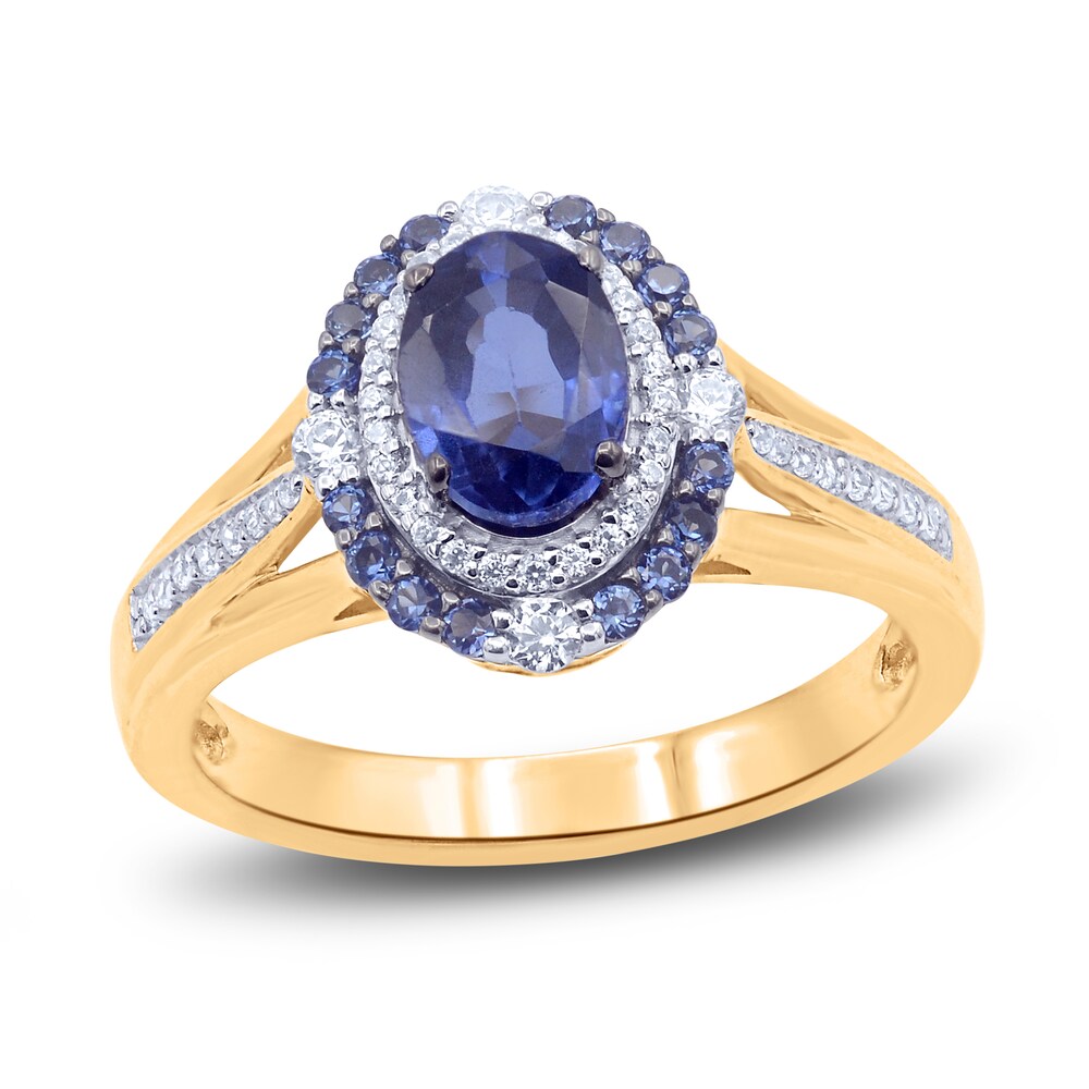 Natural Blue Sapphire Ring 1/5 ct tw Diamonds 14K Yellow Gold eESsBhHn
