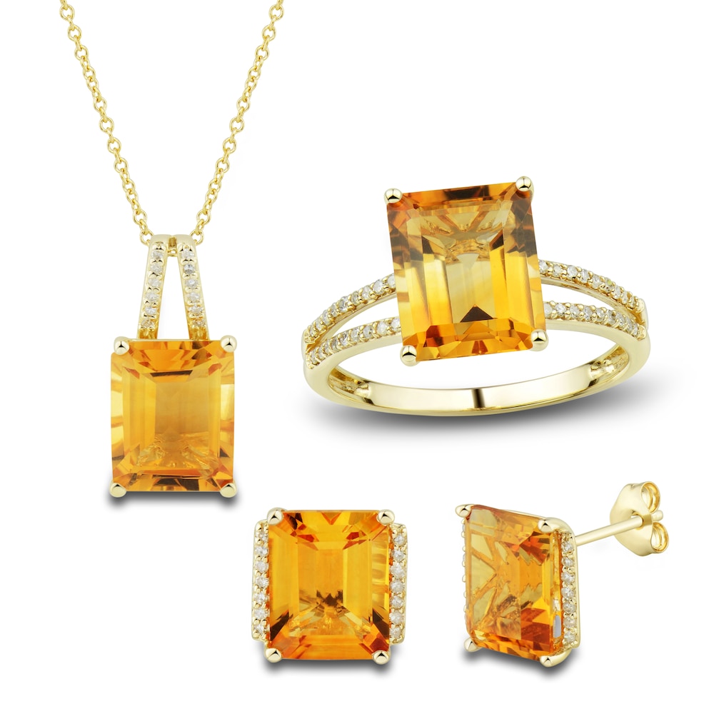 Natural Citrine Ring, Earring & Necklace Set 1/5 ct tw Emerald 10K Yellow Gold eFkc1D7f