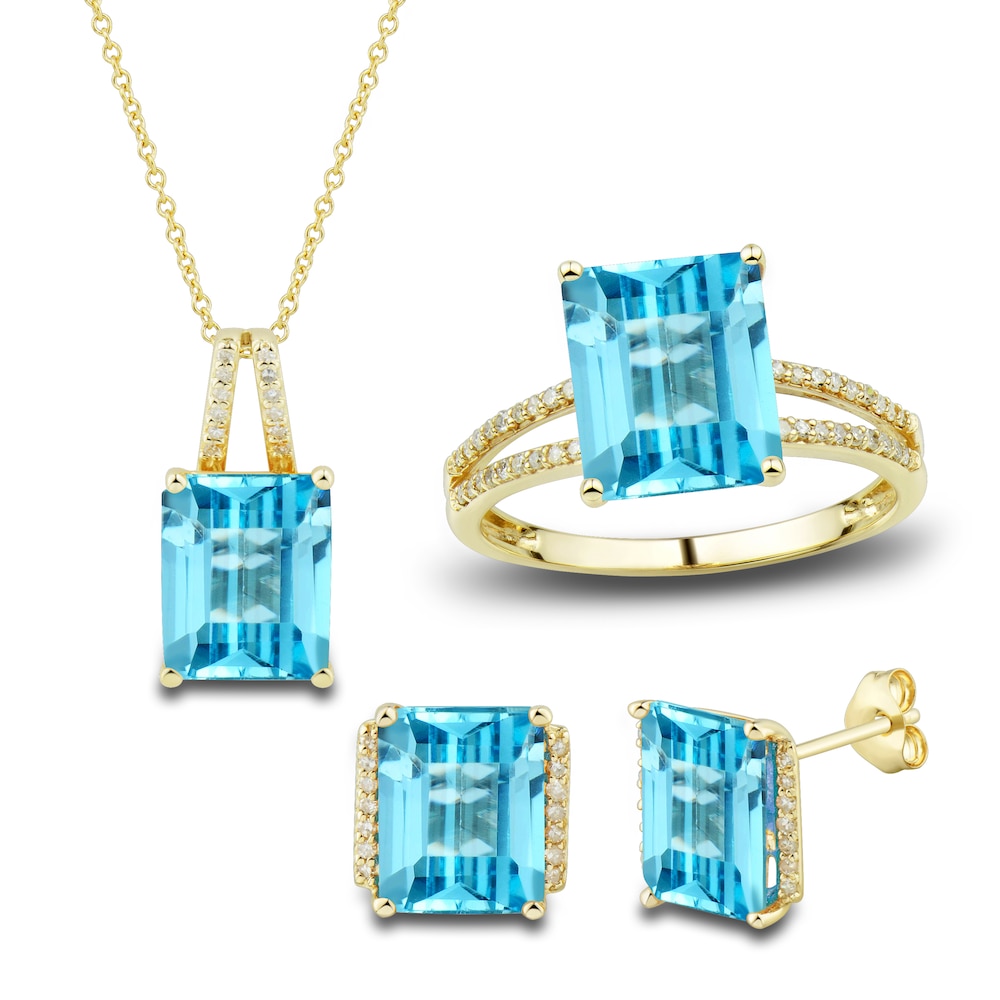 Natural Swiss Blue Topaz Ring, Earring & Necklace Set 1/5 ct tw Diamonds 10K Yellow Gold gtHO4ilG