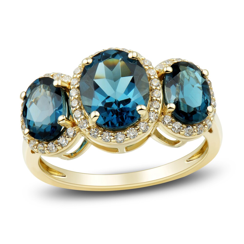Natural Blue Topaz Three-Stone Ring 1/4 ct tw Diamonds 10K Yellow Gold ifynIWrm