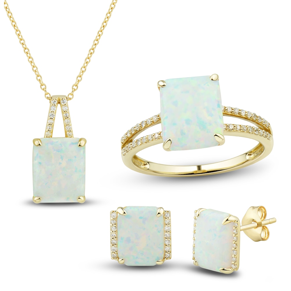 Lab-Created Opal Ring, Earring & Necklace Set 1/5 ct tw Diamonds 10K Yellow Gold kAzGu9iD