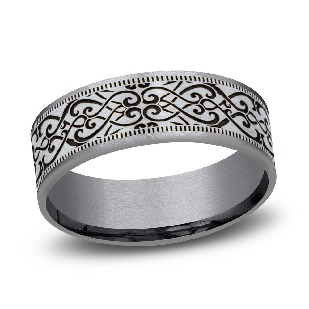 Men's Scroll Print Wedding Band Tantalum/14K White Gold 7.5mm lTWMcQYo