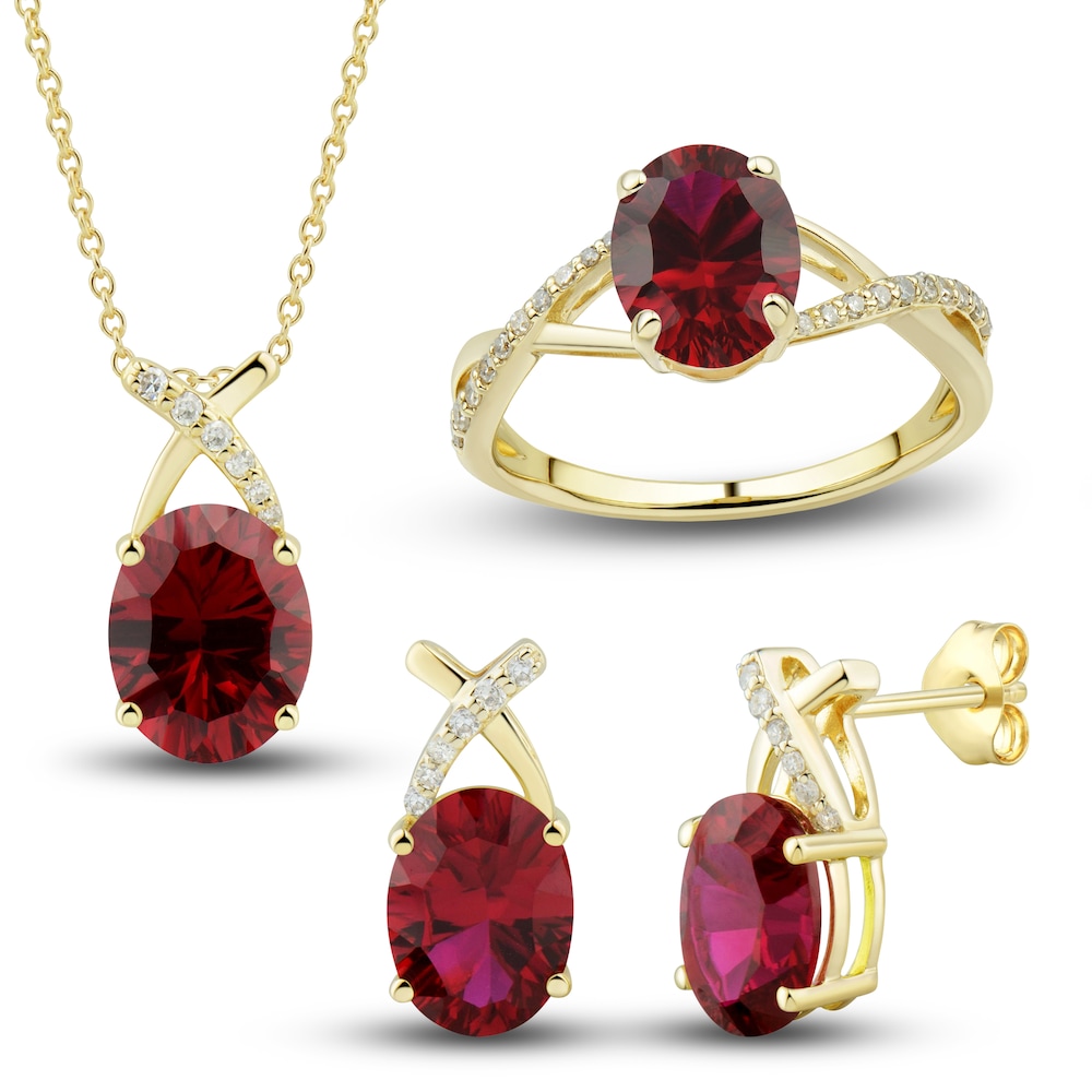 Lab-Created Ruby Ring, Earring & Necklace Set 1/5 ct tw Diamonds 10K Yellow Gold lYs1zwX0