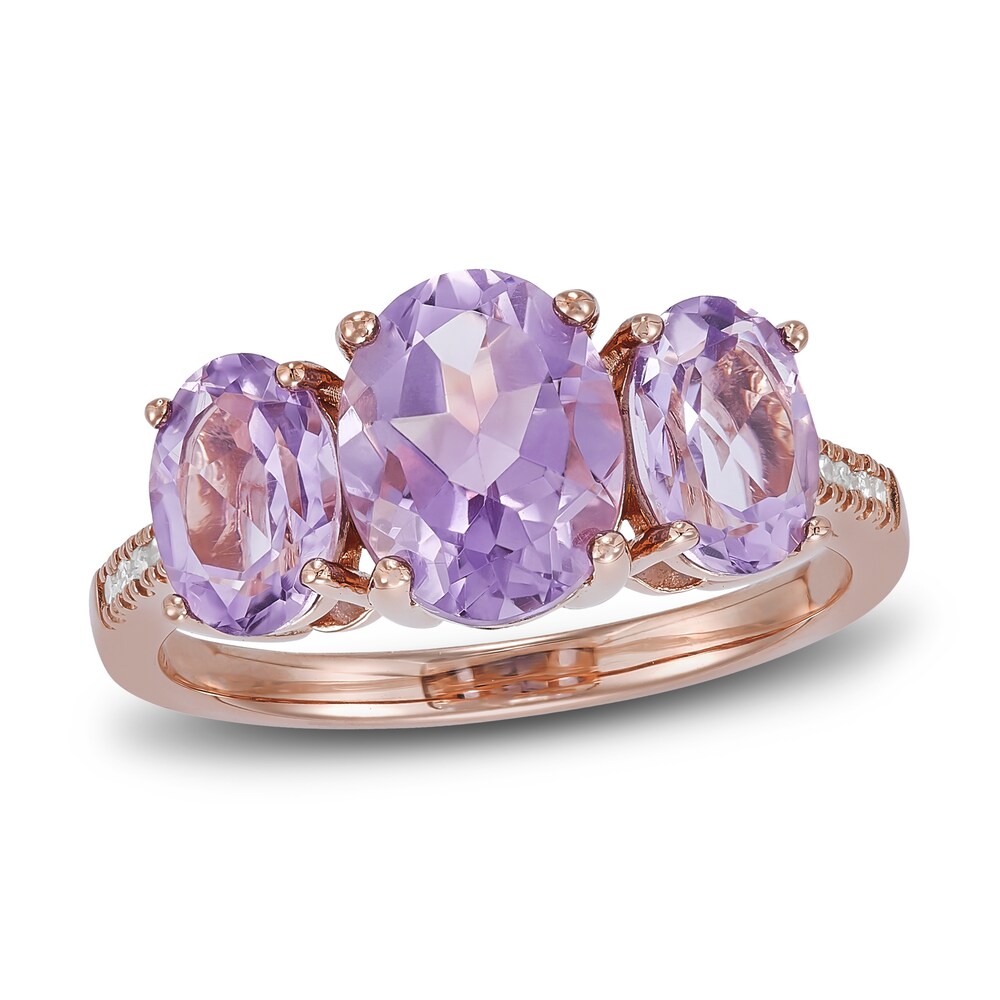 Natural Pink Quartz 3-Stone Ring Diamond Accents 10K Rose Gold nayGmloz