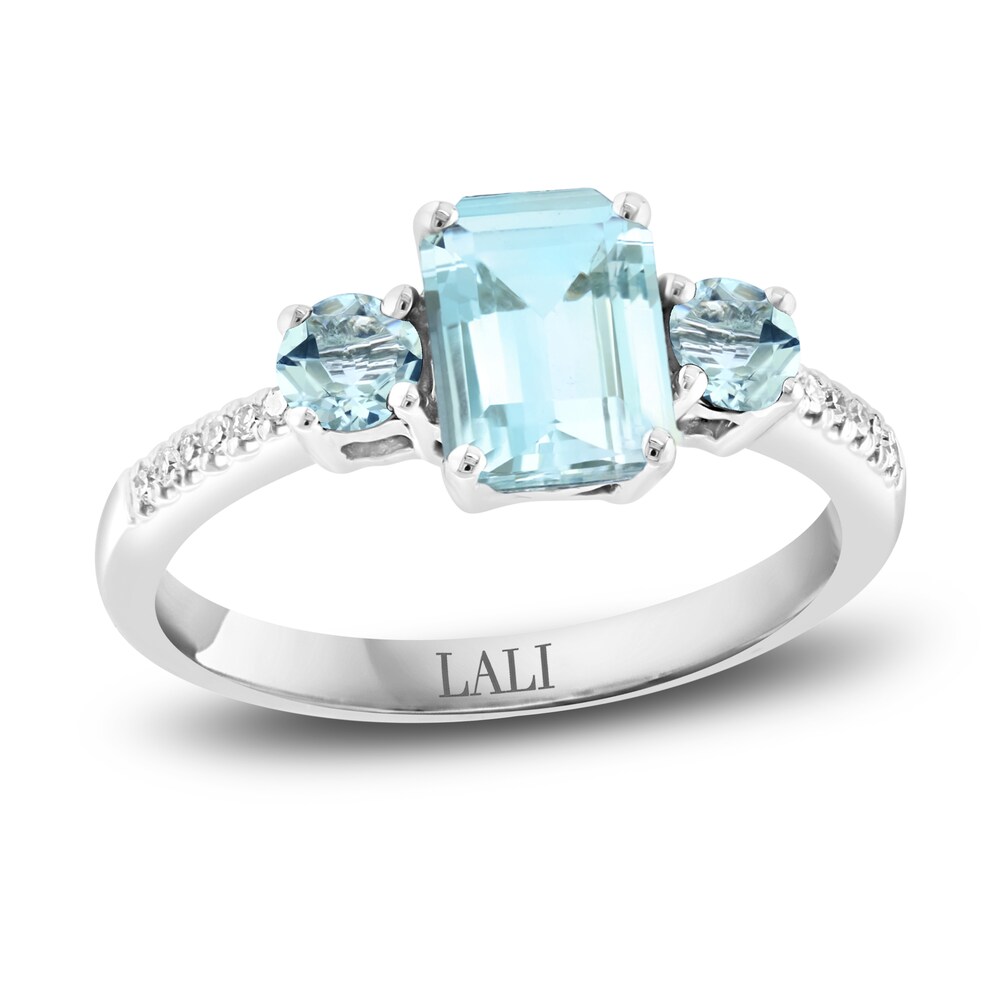 LALI Jewels Natural Aquamarine 3-Stone Engagement Ring 1/15 ct Diamonds 14K White Gold nczlW6jX