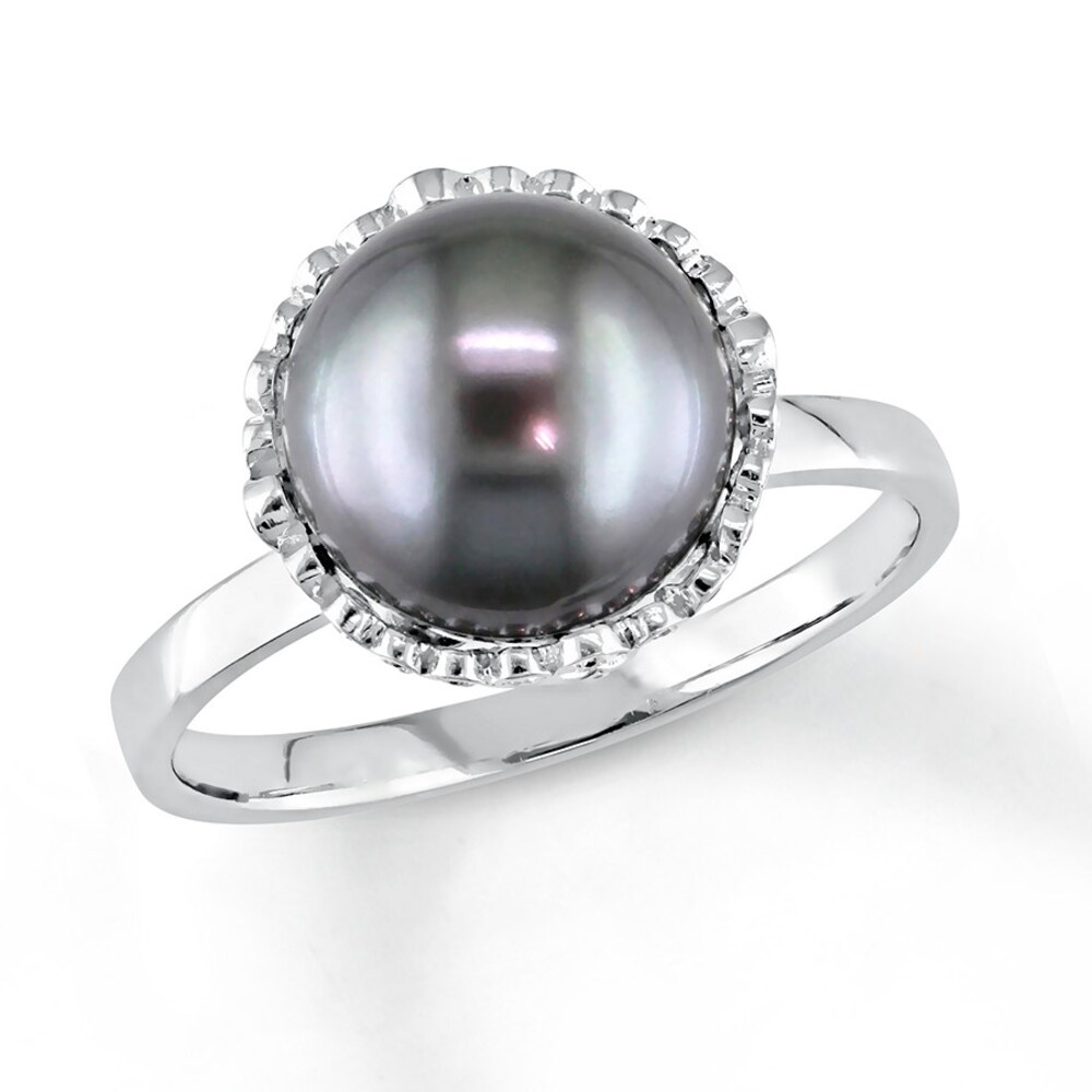 Black Cultured Pearl Ring 1/4 ct tw Diamonds 14K White Gold pHh3uLXI