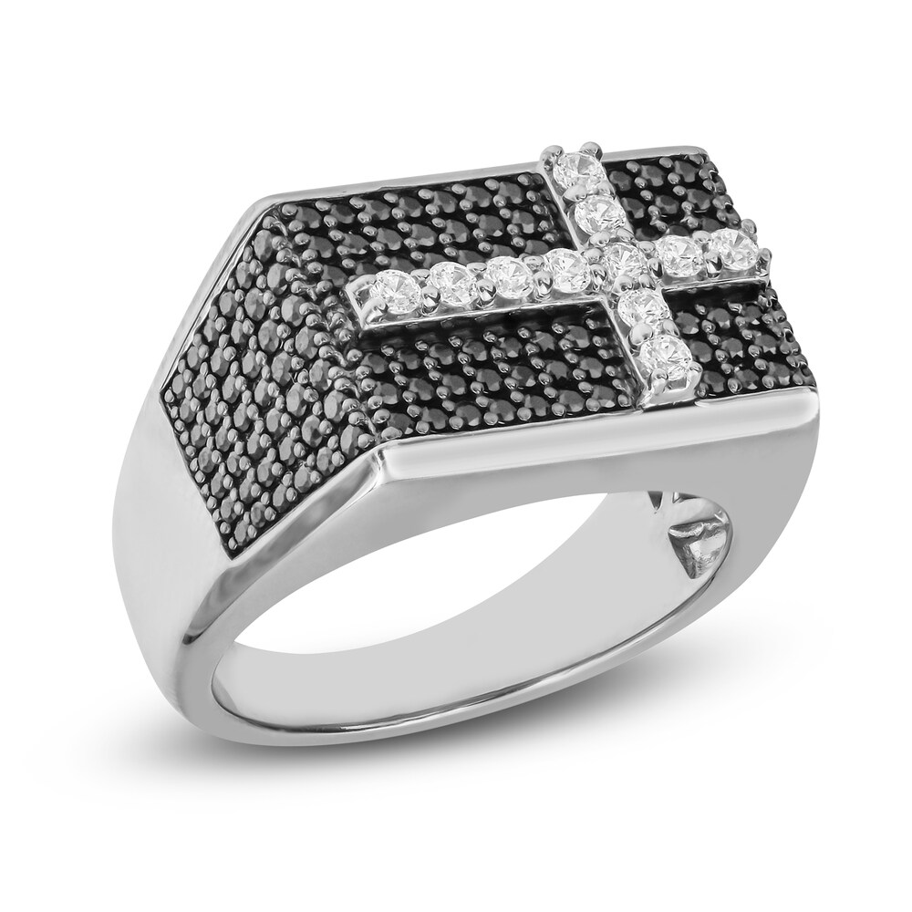 Men's Black& White Diamond Cross Ring 1-1/2 ct tw Round 10K White Gold rFxZLN6v