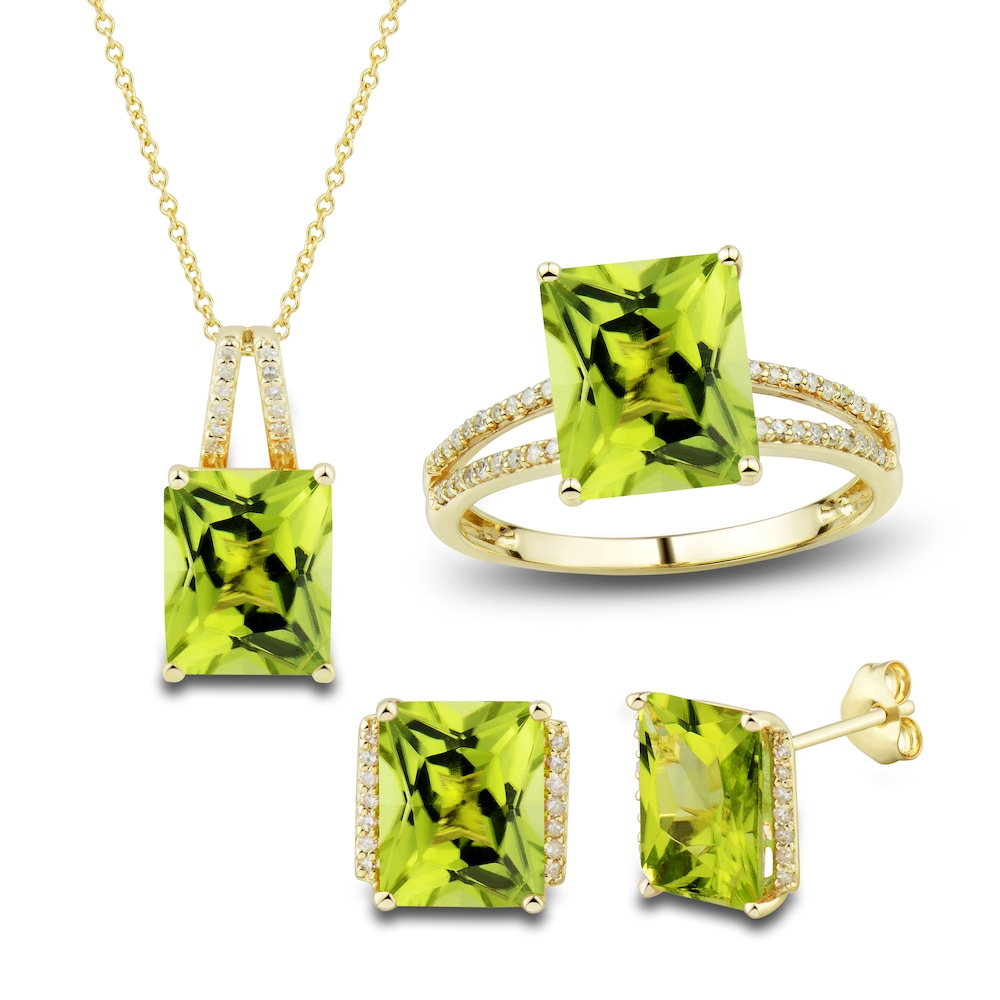 Natural Peridot Ring, Earring & Necklace Set 1/5 ct tw Diamonds 10K Yellow Gold rJTYyyLZ