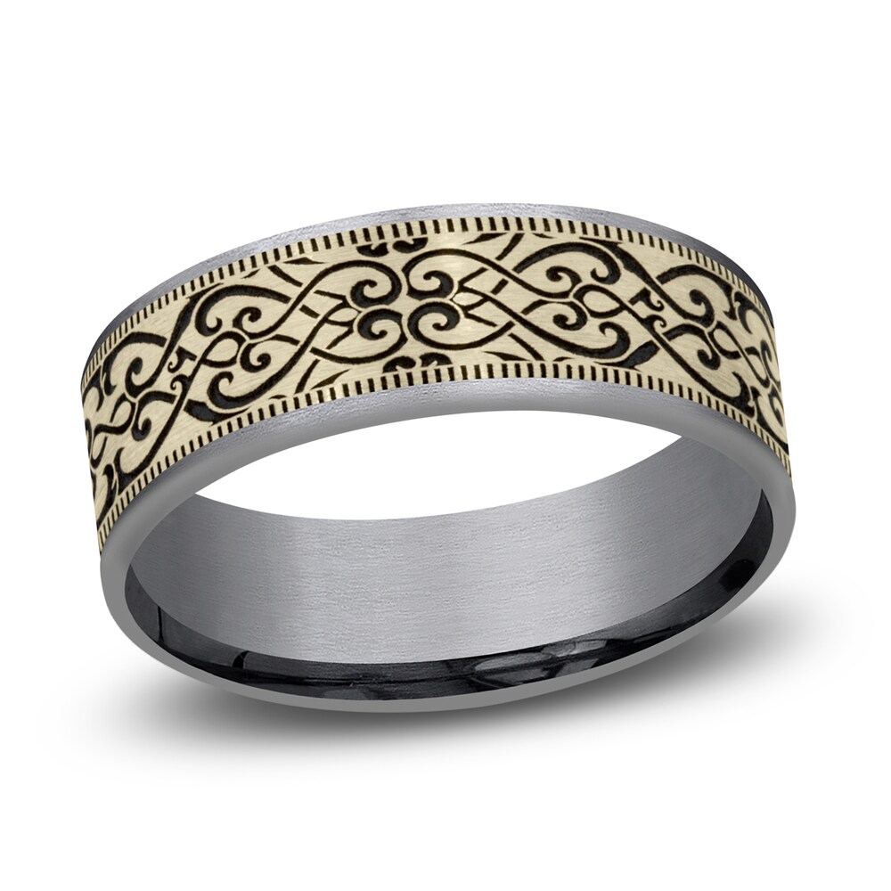 Men\'s Scroll Print Wedding Band Tantalum/14K Yellow Gold 7.5mm zBvUFXzt