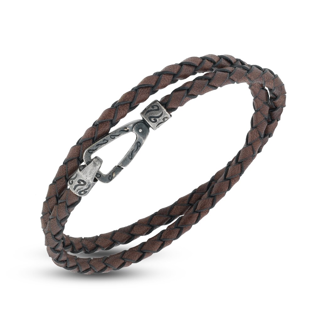 Marco Dal Maso Men's Woven Brown Leather Double Wrap Bracelet Sterling Silver 16" 0cO20Aug